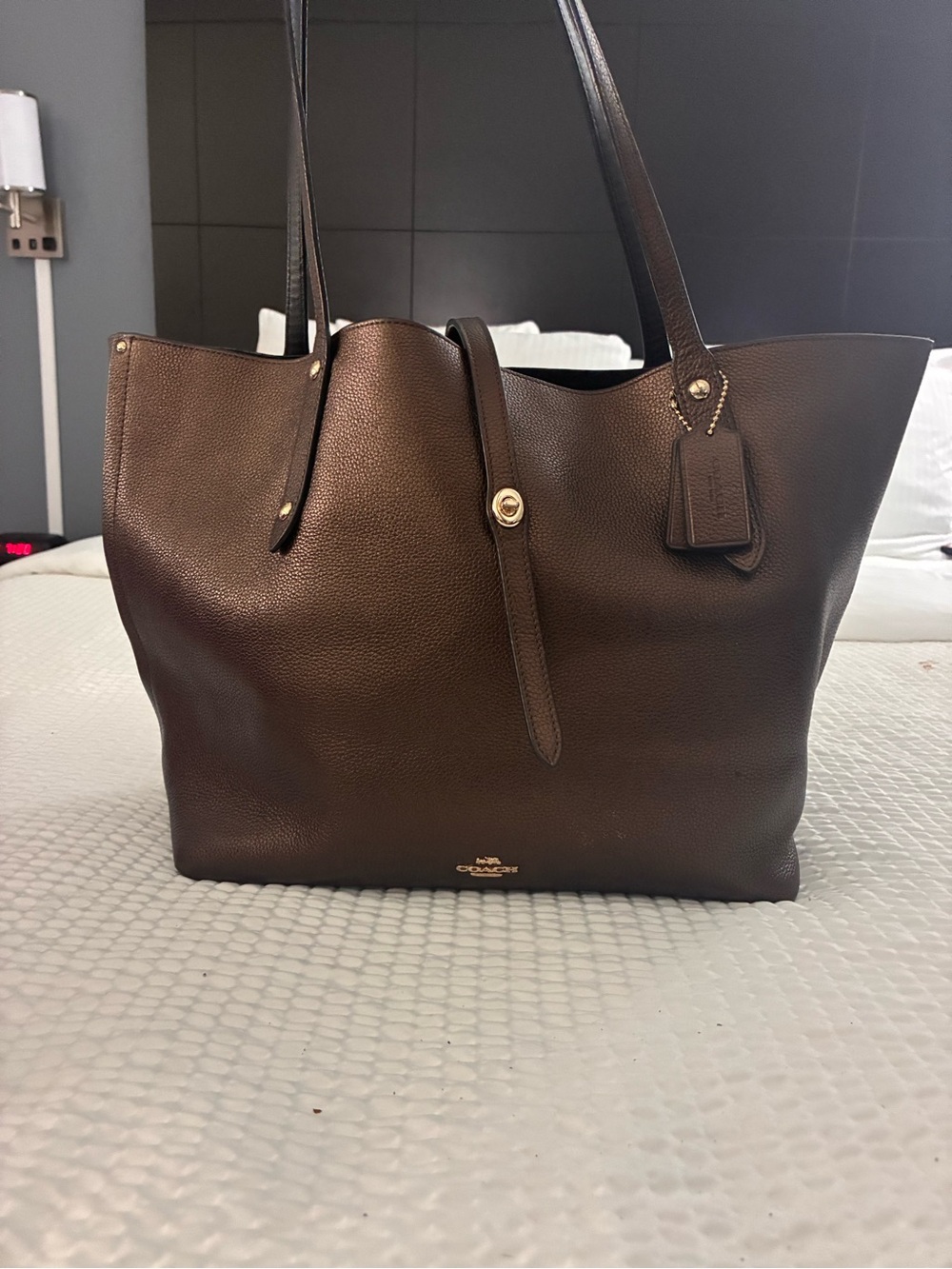 Coach Dark Brown Pebbled Leather Tote with Gold Hardware